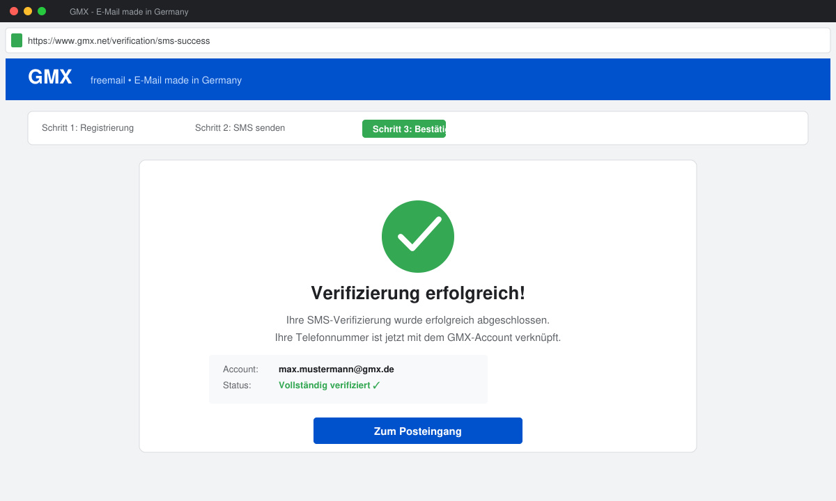 Bestätigungsseite nach erfolgreicher SMS-Verifizierung bei GMX
