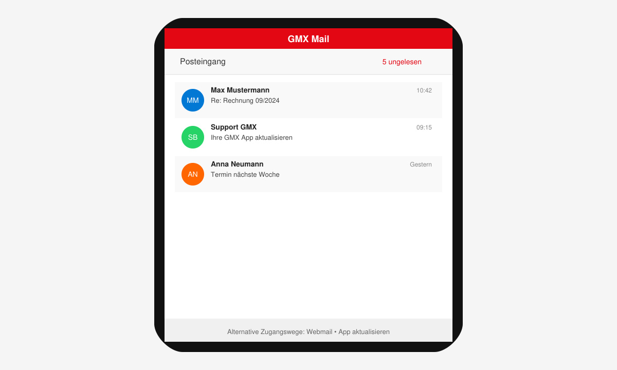 Smartphone-Bildschirm mit geöffneter GMX-App und Posteingang