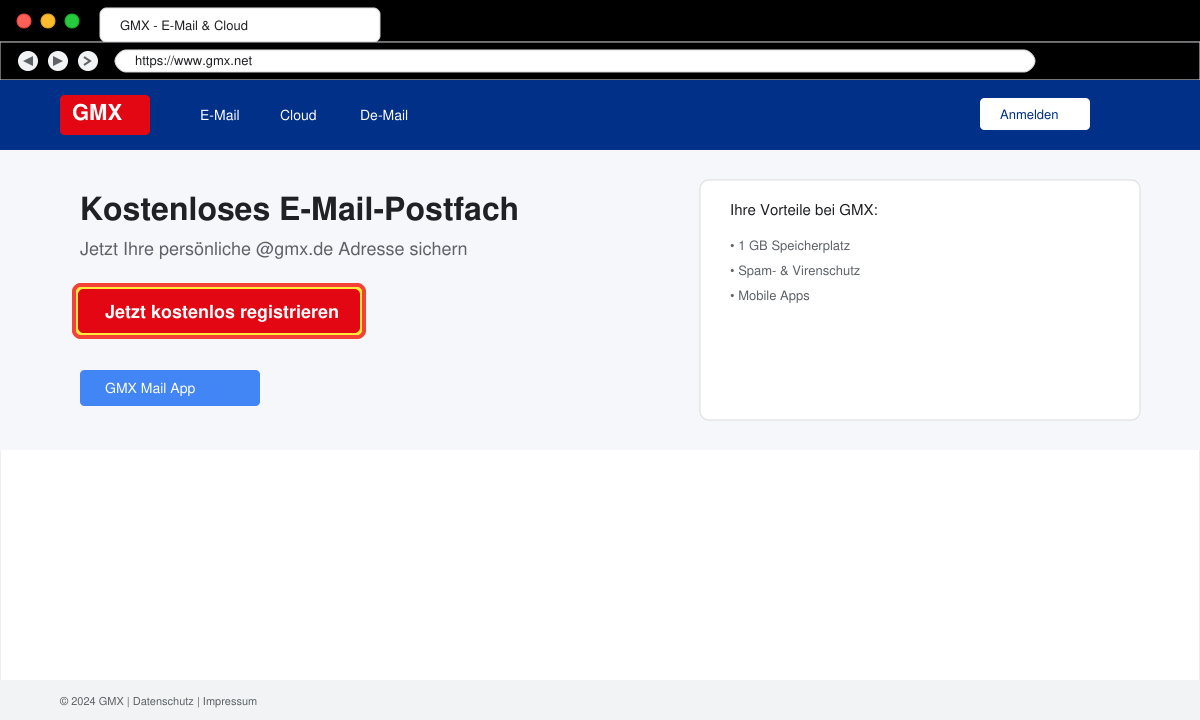 Browserfenster mit der GMX-Startseite und hervorgehobenem Registrierungs-Button
