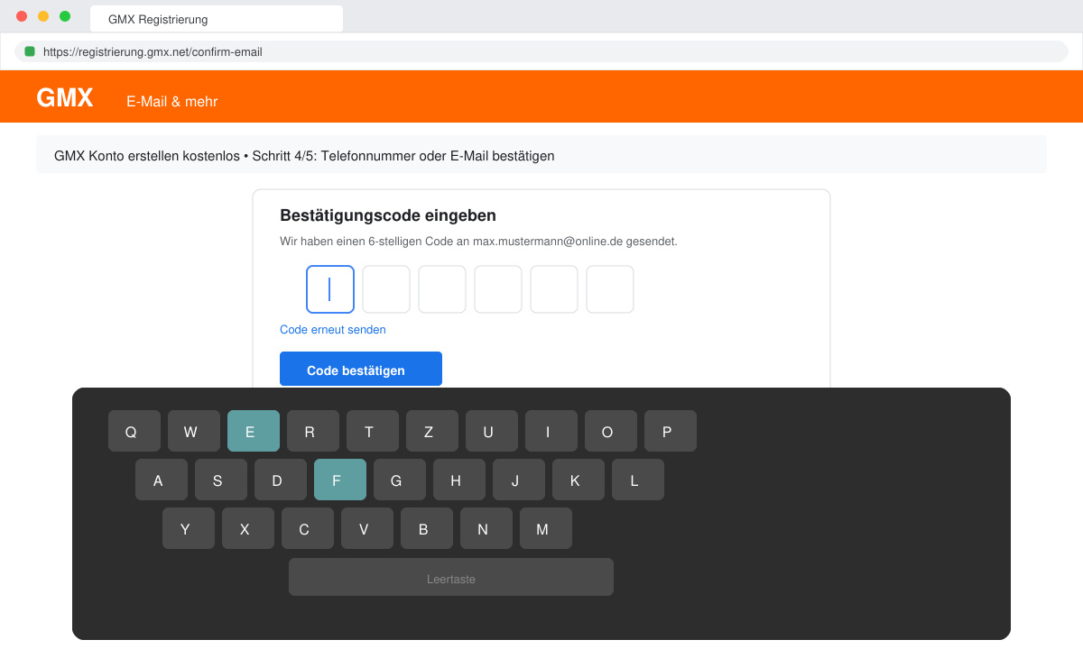 Eingabefeld für den Bestätigungscode auf der GMX-Registrierungsseite