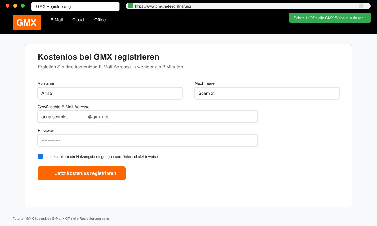 Browserfenster mit der GMX-Registrierungsseite