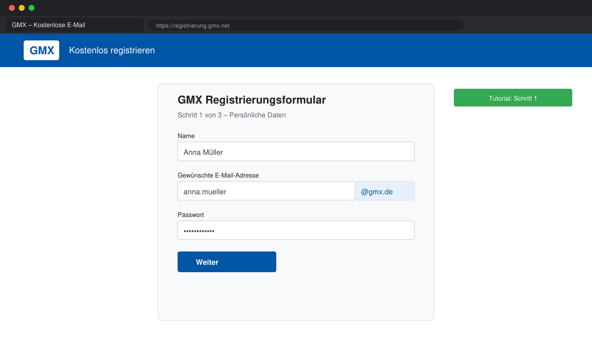 GMX Registrierungsformular mit Feldern für Name, gewünschte E-Mail-Adresse und Passwort