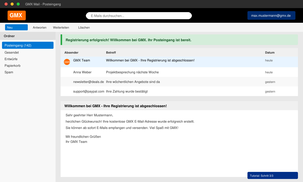 Erfolgsbildschirm nach abgeschlossener GMX Registrierung mit Posteingang-Übersicht