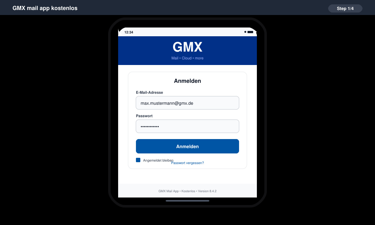 Smartphone screen showing the GMX login screen with email and password fields