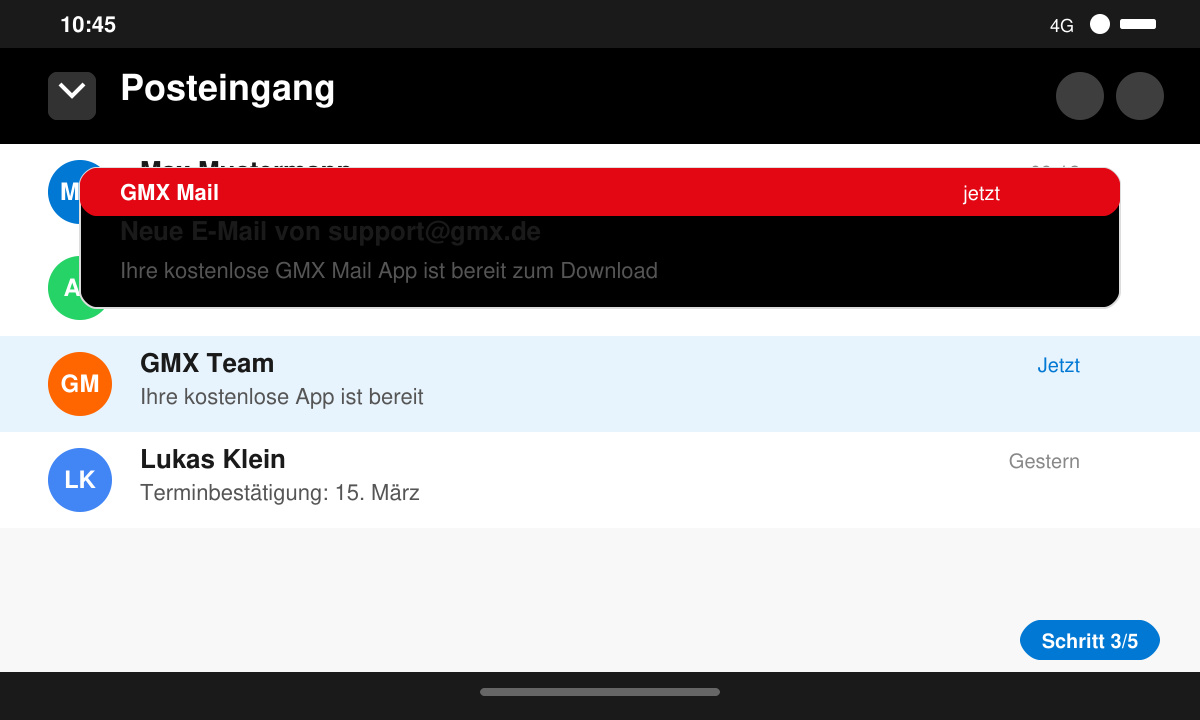 Close-up of the GMX App inbox with a new email notification on an Android phone