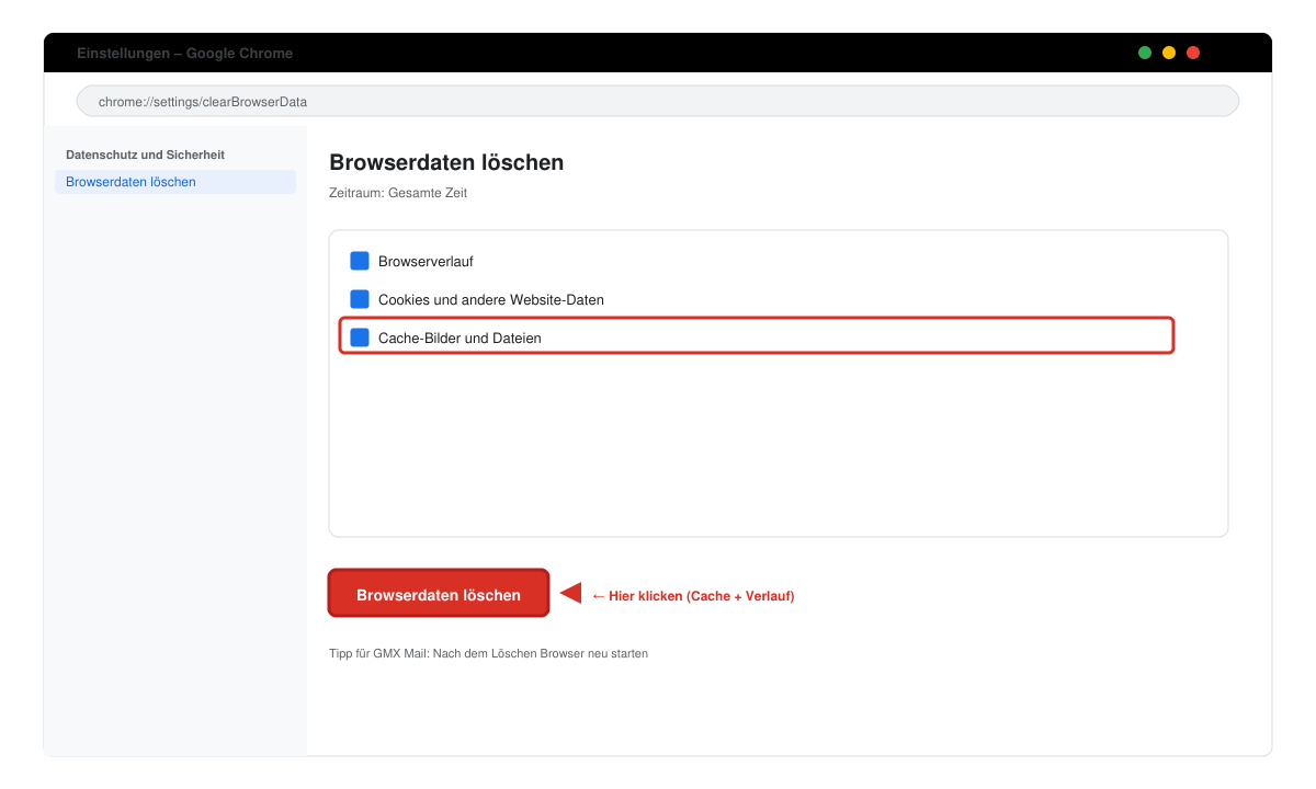 Browser-Einstellungen mit hervorgehobener Cache-Löschfunktion