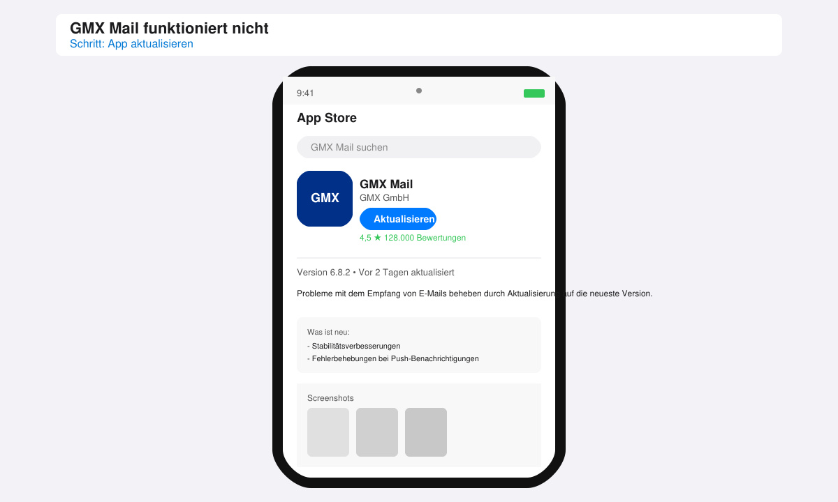 App-Store-Seite mit GMX Mail und Aktualisierungs-Button