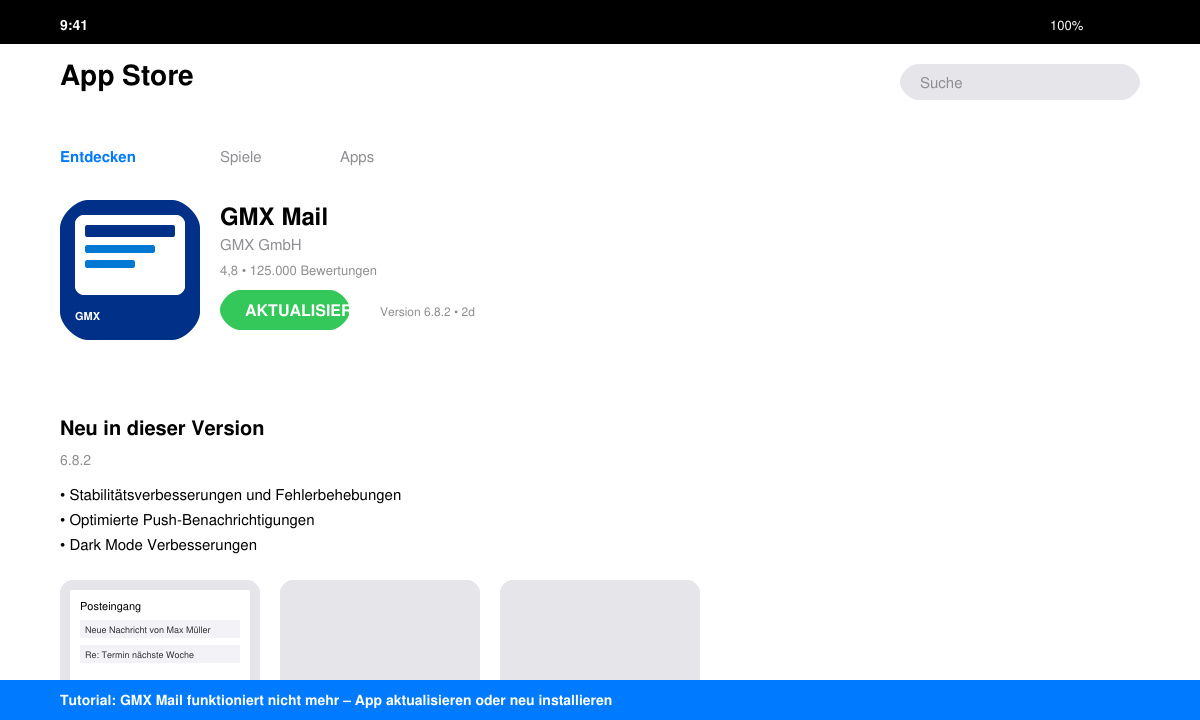 App-Store-Screenshot mit aktualisierter GMX-Mail-App und grünem Update-Button