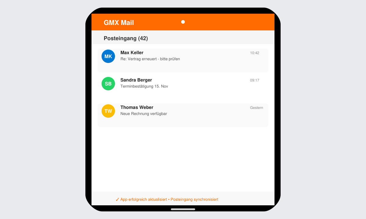 Handy-Display mit erfolgreich geöffneter GMX-App nach Update
