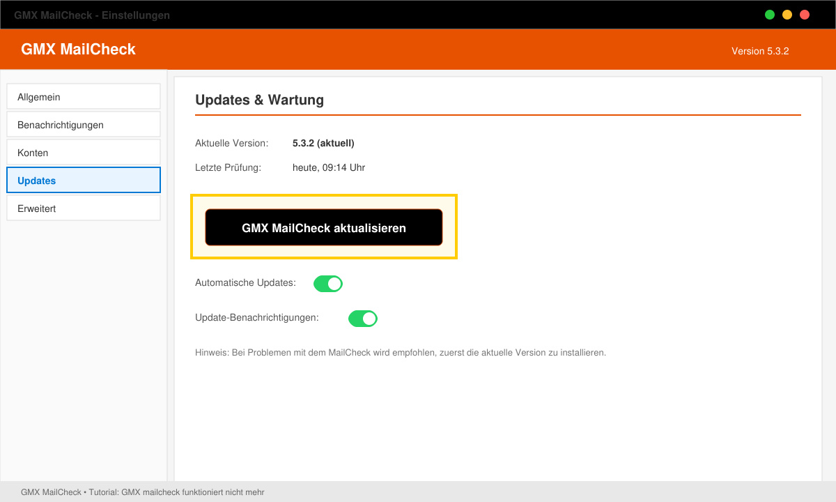 Screenshot des MailCheck-Einstellungsmenüs mit hervorgehobenem Update-Button