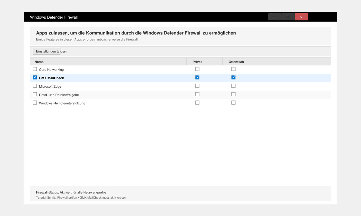 Windows-Firewall-Fenster mit aktiviertem GMX-MailCheck-Eintrag
