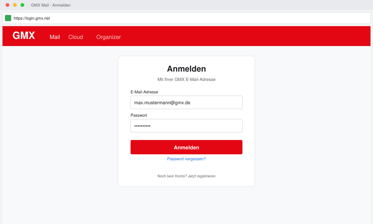 GMX Login Seite mit Eingabefeldern für E-Mail und Passwort