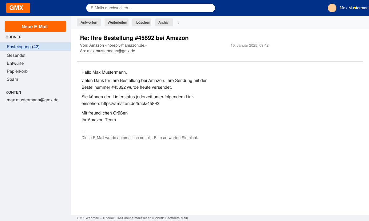Geöffnete E-Mail im GMX Webmail mit vollständigem Text