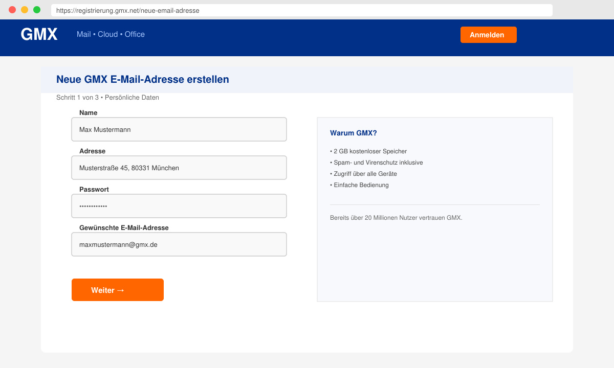 Screenshot des Registrierungsformulars auf gmx.net