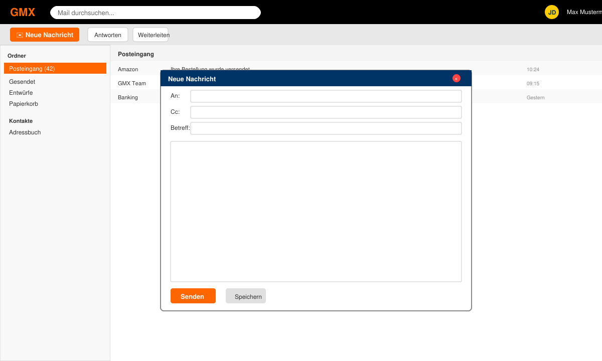 GMX-Oberfläche mit geöffnetem Fenster zur Erstellung einer neuen E-Mail