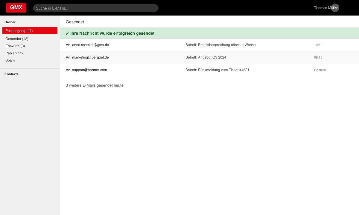 Erfolgreich gesendete E-Mail mit Bestätigungsbanner in GMX