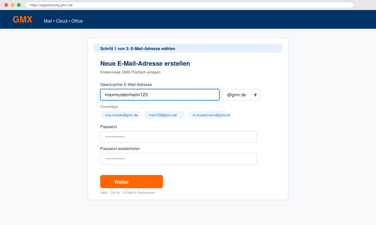 Formular zur Eingabe der neuen E-Mail-Adresse auf der GMX Registrierungsseite