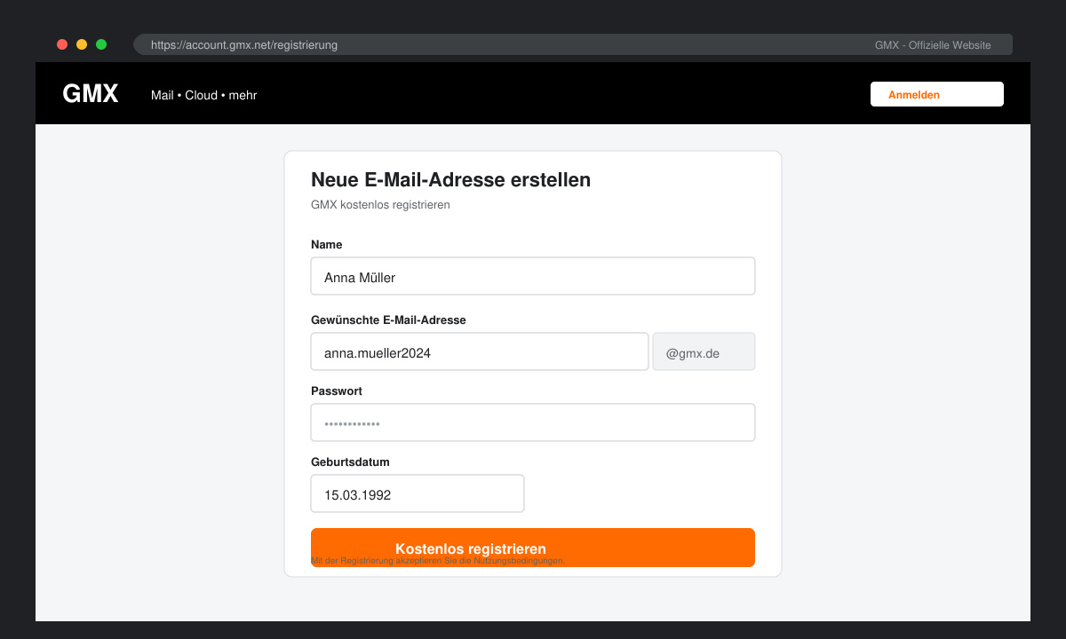 GMX Registrierungsbutton auf der Startseite