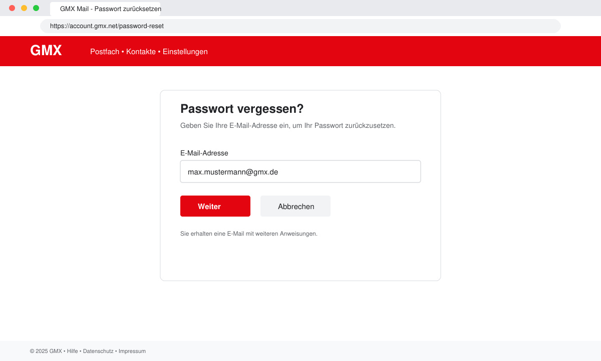 GMX Passwort vergessen Formular mit E-Mail-Eingabefeld