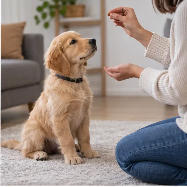 Golden Retriever puppy sitting attentively while a person holds a small training treat