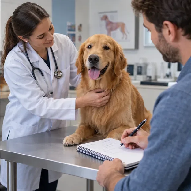 Golden Retriever receiving a routine veterinary examination while the owner takes notes