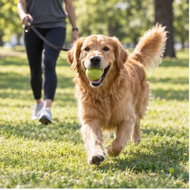 Adult Golden Retriever carrying a tennis ball during an outdoor walk in a sunny park