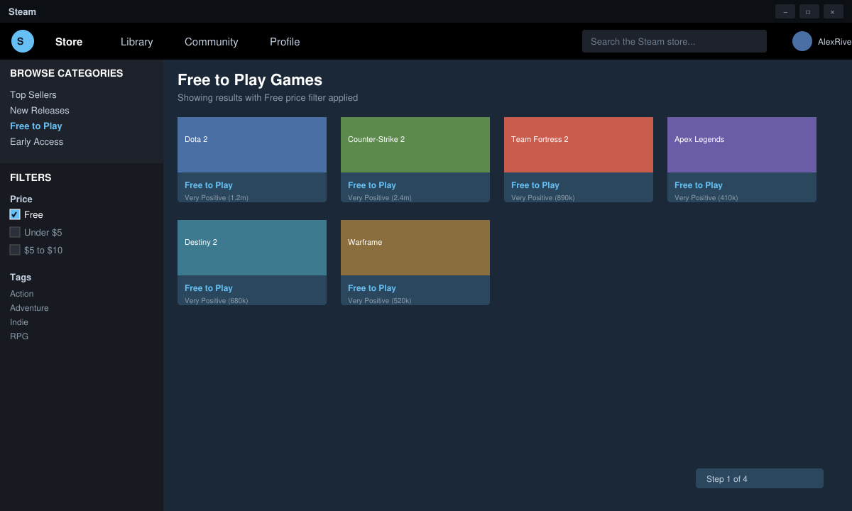 Steam store interface showing free games filter