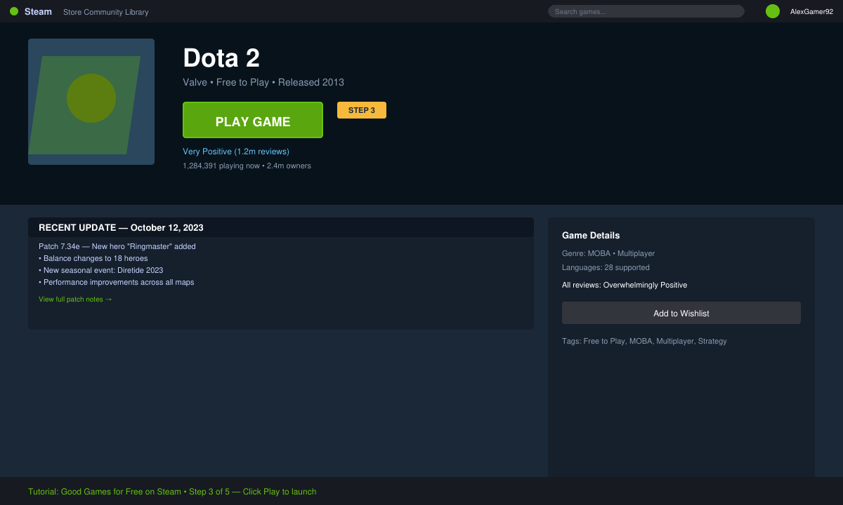 Game page on Steam highlighting free status and recent updates