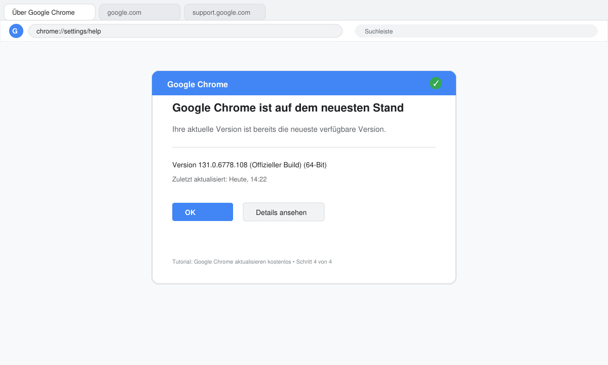 Bestätigungsfenster mit der Meldung „Google Chrome ist auf dem neuesten Stand“ und der Versionsnummer