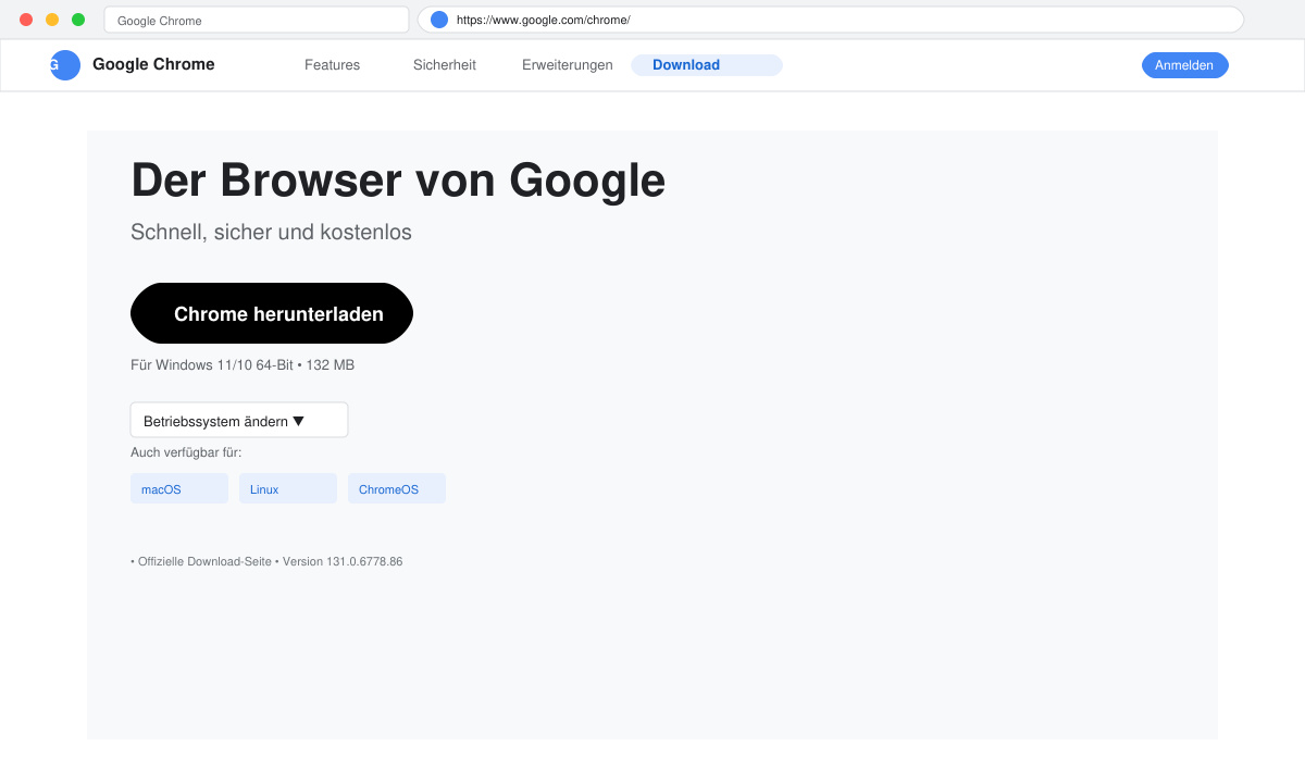 Download-Button auf der Chrome-Website mit Auswahl des Betriebssystems