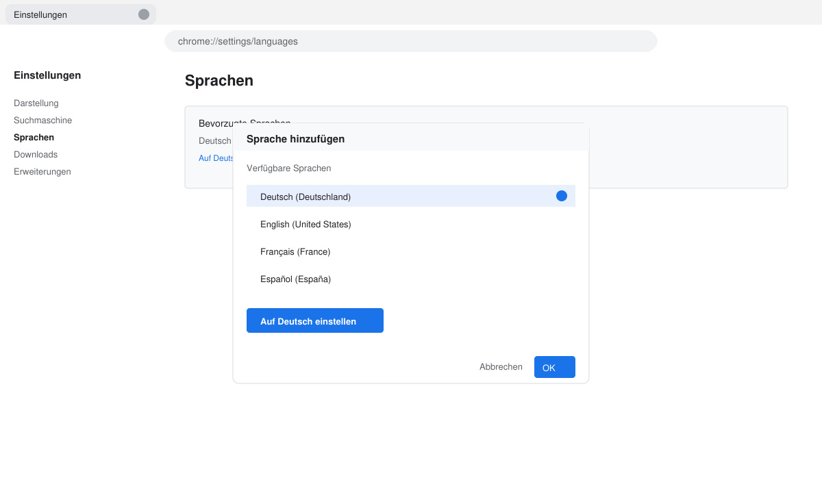 Einstellungsmenü mit geöffnetem Sprachdialog und ausgewählter Option „Auf Deutsch einstellen“