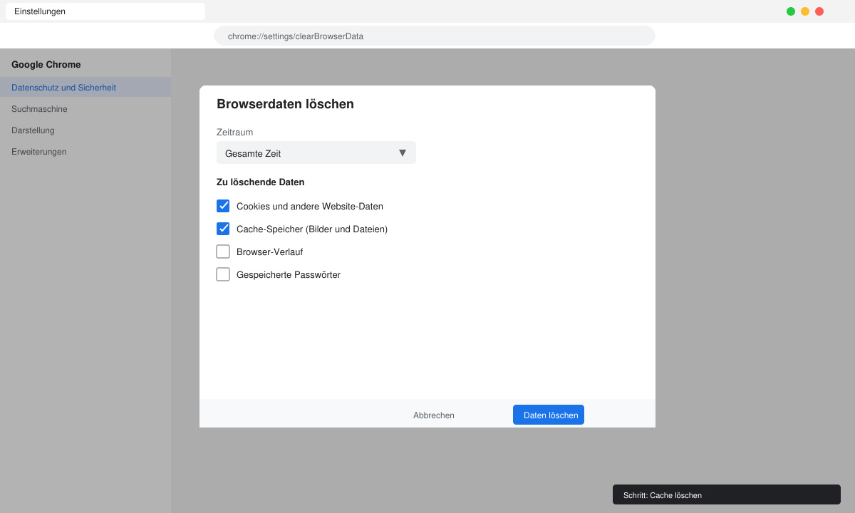 Cache löschen Menü in Google Chrome Einstellungen