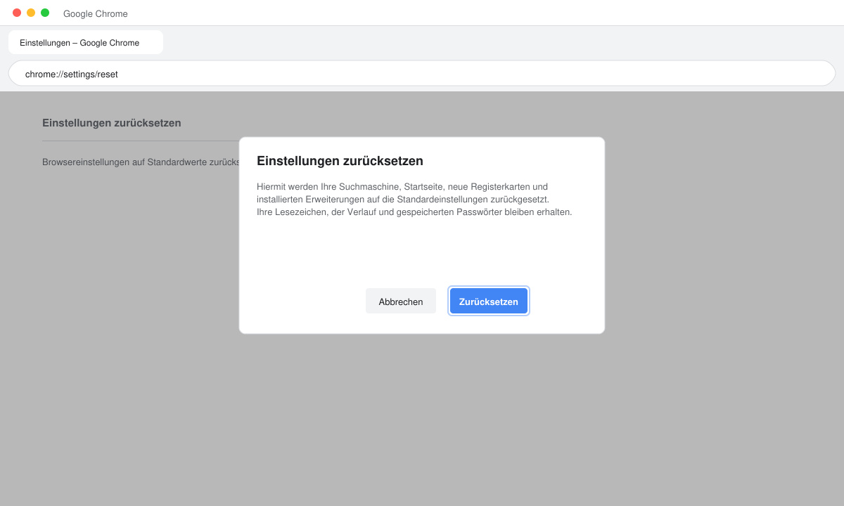 Zurücksetzen Bestätigungsdialog in Google Chrome