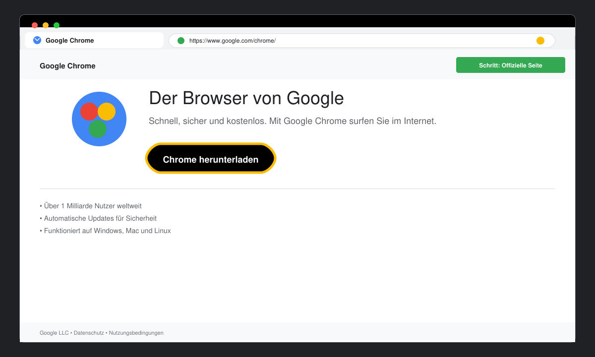 Browserfenster mit hervorgehobenem Download-Button auf der offiziellen Chrome-Seite