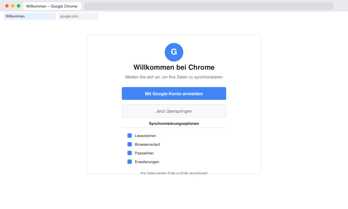 Frisch installiertes Chrome-Fenster mit Willkommensbildschirm und Synchronisierungsoptionen