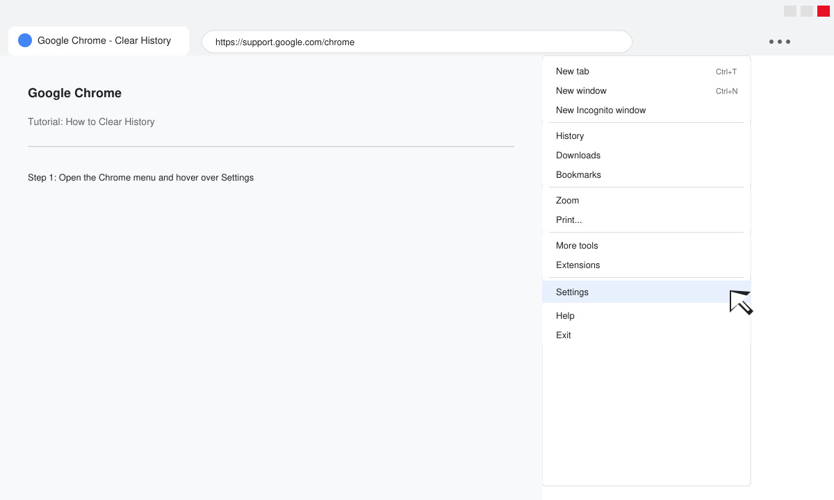Close-up of the three-dot Chrome menu expanded with the cursor hovering over Settings