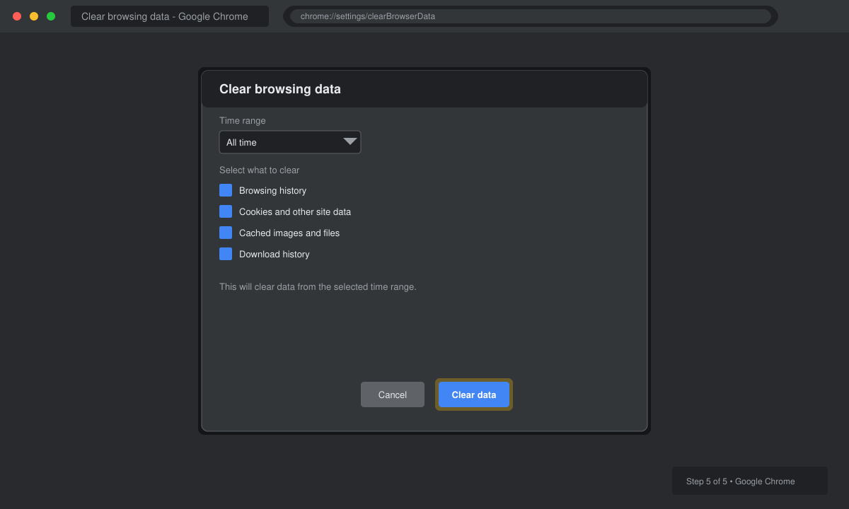 Confirmation message after clearing browsing data with the Clear data button highlighted