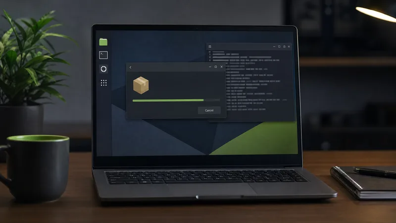 Linux-laptop met een generiek pakketinstallatievenster en een terminal op de achtergrond