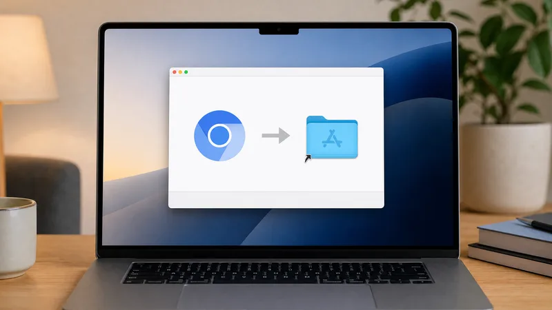 Mac-laptop met een generiek installatievenster waarin een browserapp naar de map Programma's wordt gesleept