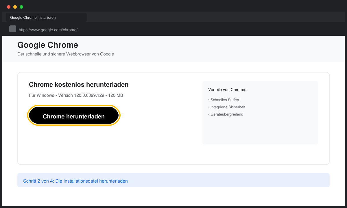 Bildschirm mit hervorgehobenem Download-Button für Google Chrome