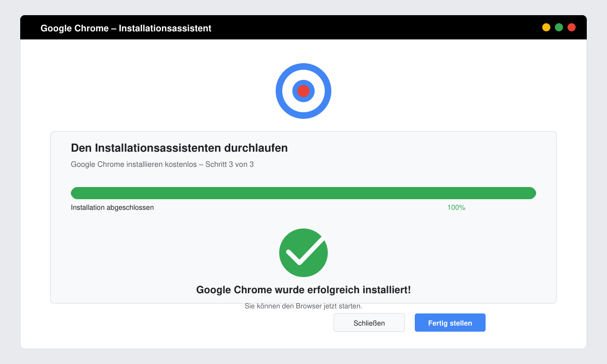 Installationsfortschrittsanzeige mit Häkchen am Ende