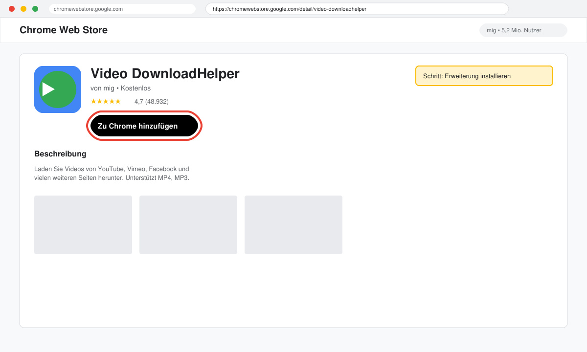 Chrome Web Store Seite mit Suchergebnis für Video DownloadHelper und Hervorhebung des Installations-Buttons
