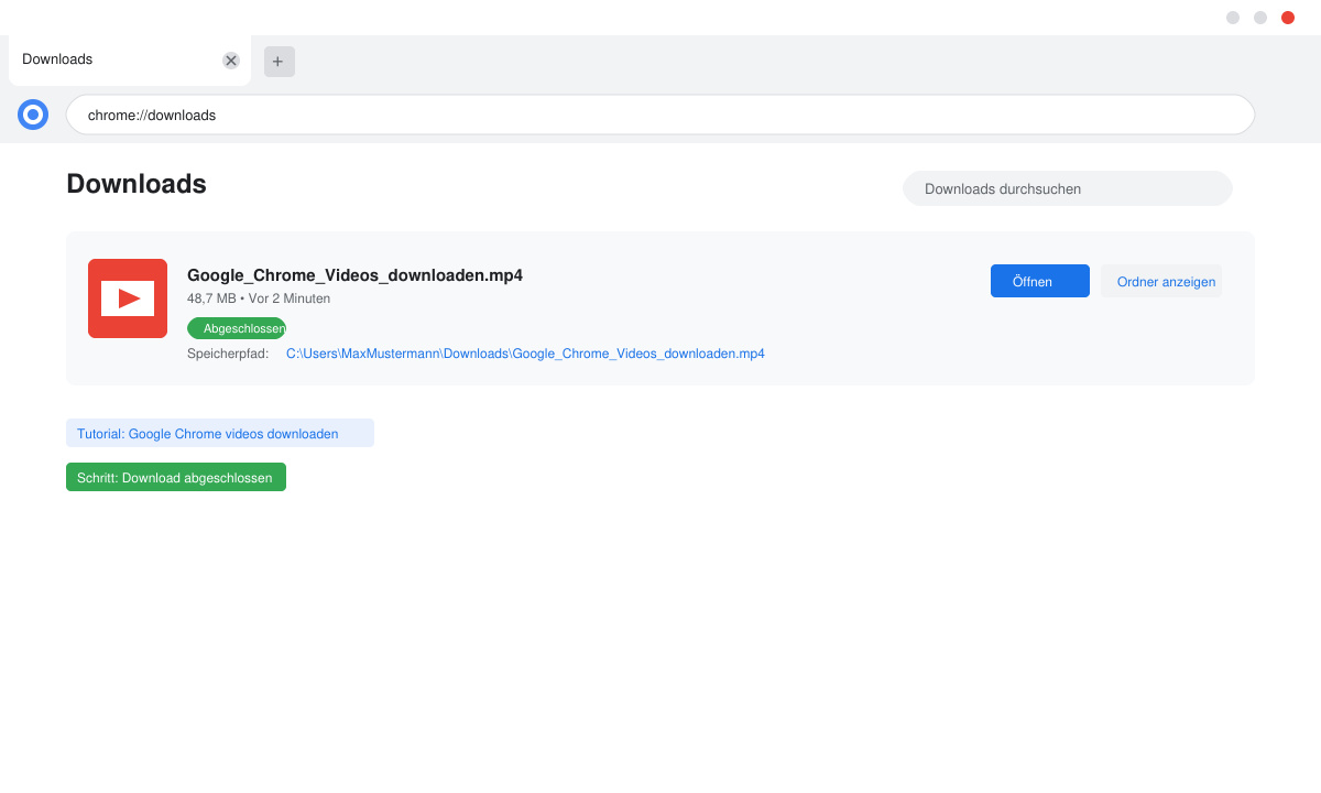 Chrome Download-Manager mit abgeschlossenem Video-Download und Dateipfad-Anzeige