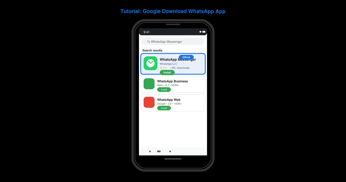 Hero image showing an Android phone screen with the Google Play Store open and WhatsApp listed in search results