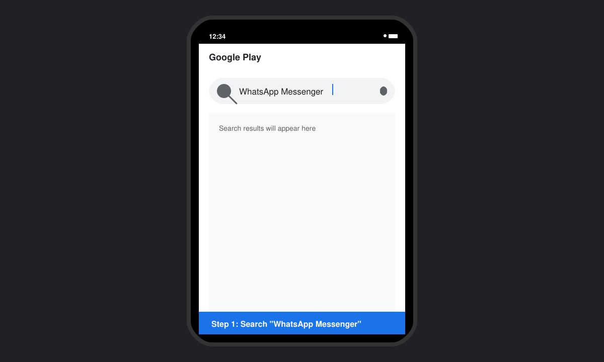 Close-up of Android phone showing Google Play Store search bar with WhatsApp typed in
