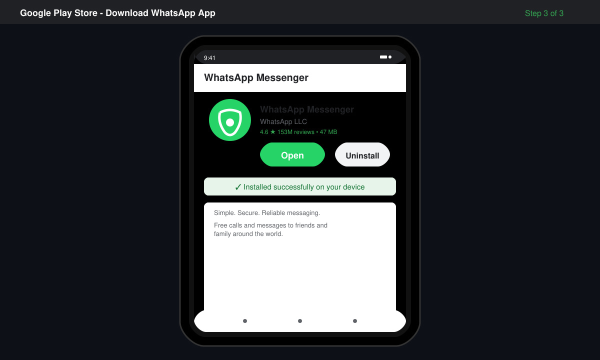 Android screen showing WhatsApp successfully installed with the Open button highlighted