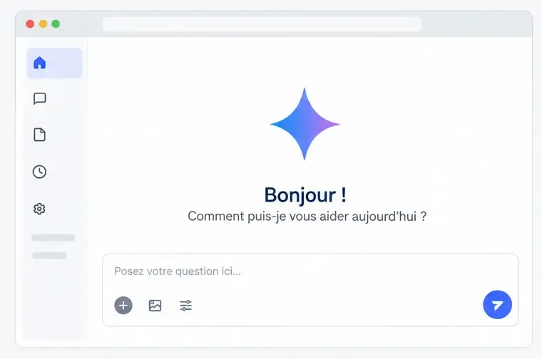 Fenêtre de conversation avec un champ prêt à recevoir une question et des commandes pour ajouter un fichier ou une image