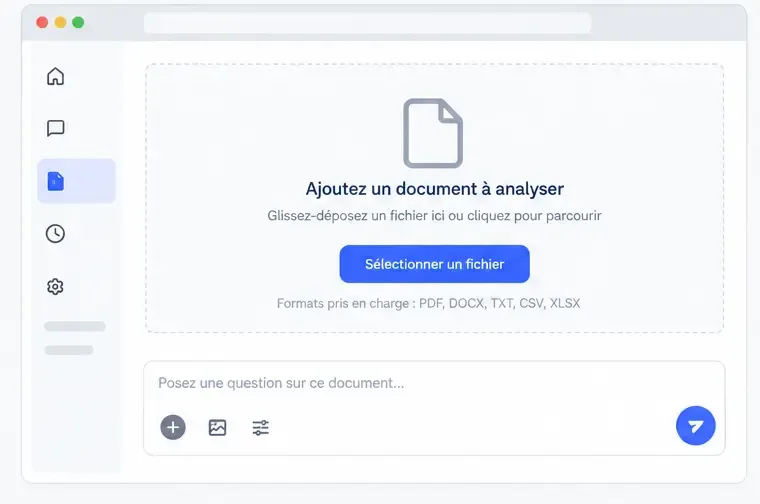 Espace d’analyse avec une zone pour sélectionner un document et un champ de question associé au fichier