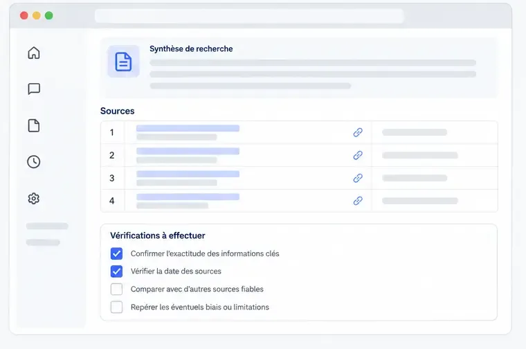 Rapport de recherche avec plusieurs lignes de sources et une liste de vérifications à effectuer