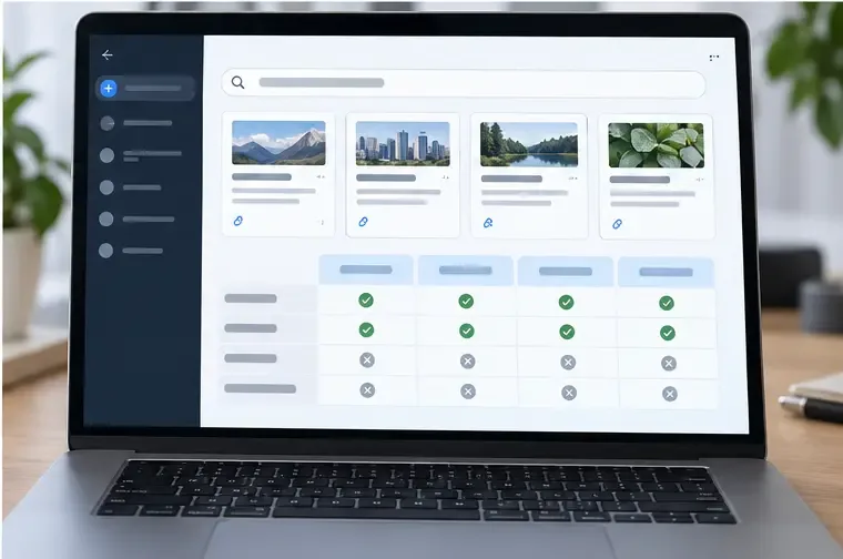 Notebook exibindo uma interface genérica com cartões de fontes e uma tabela de comparação